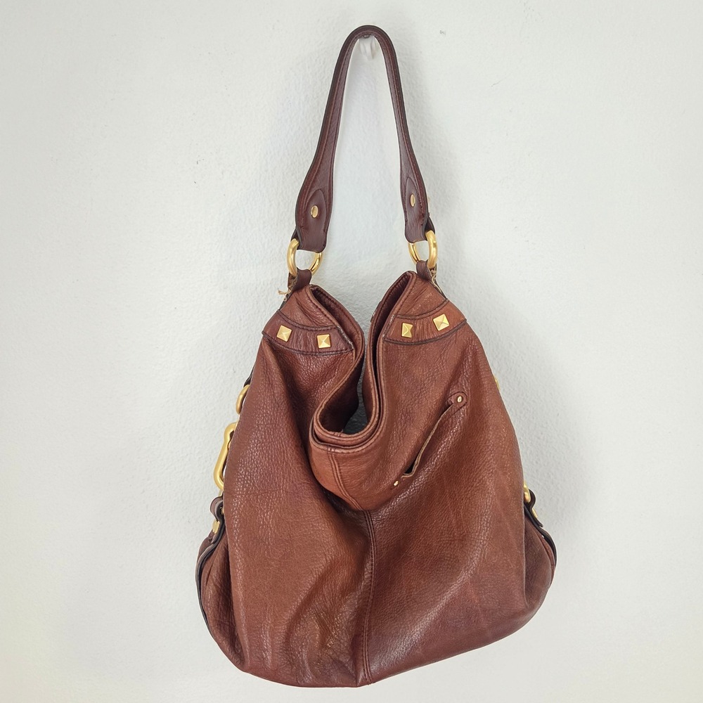B Makowsky Brown Leather Hobo Bag Gold Studded Hardware Y2K Boho Leopard